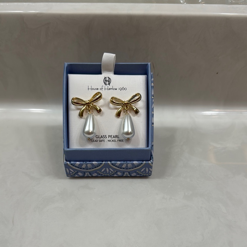House of Harlow 1960 Gold and White Bow Earrings Lead Safe and Nickel Free